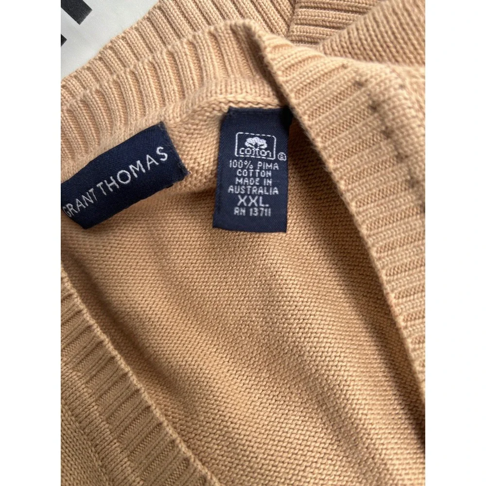 Grant Thomas Mens XXL Camel Tan 100% Pima Cotton V-Neck Knit Sweater Australia